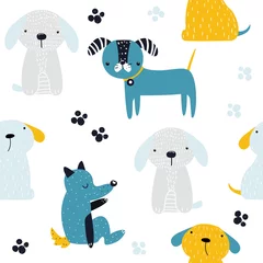 Photo sur Plexiglas Chiens Modèle sans couture avec des chiens drôles. Imprimé mignon pour enfants. Illustration vectorielle dessinés à la main.
