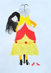 Children's drawing: girl with black hair looks out from behind a mannequin with a new dress. Shopping concept