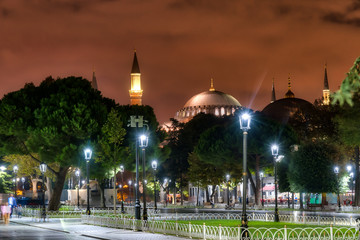 Fototapeta na wymiar Hagia Sophia at night in Istanbul, Turkey wth streetlights and trees in the foreground