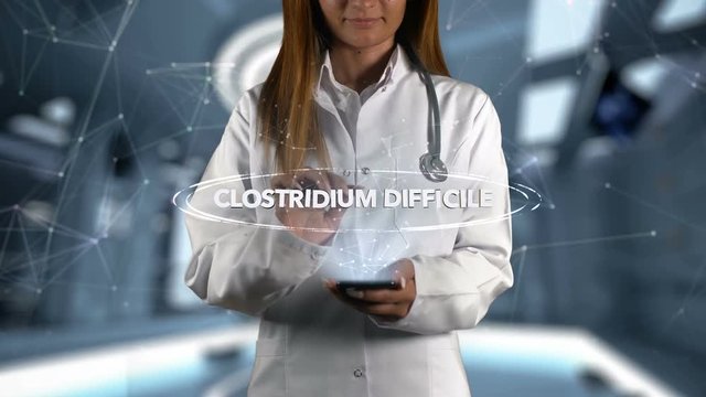Female Doctor Hologram Word Clostridium difficile