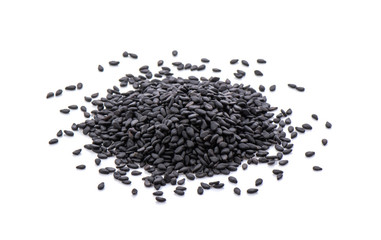 Sesame black seeds on white background