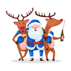 Santa Claus and reindeer. Alternative Christmas: Very drunk Santa with embracing crazy drunk deer after active holiday