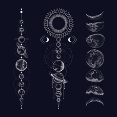 Vector illustration set of moon phases. Different stages of moonlight activity in vintage engraving style © chikovnaya