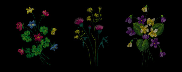 Traditional folk stylish stylish embroidery on the black background. Sketch for printing on clothing, fabric, bag, accessories and design. Vector, trend