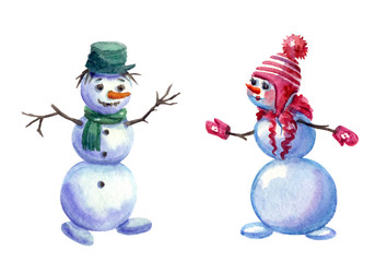 A pair of snowmen lovers, New Year, Christmas story, watercolor painting on a white background isolated.