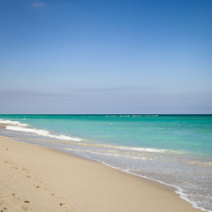 Fototapeta na wymiar Closeup of Empty ocean sandy beach. Beach in Miami, Florida. Clear blue sky. Seaside.
