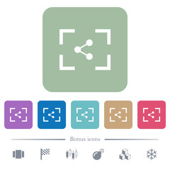 Camera share image flat icons on color rounded square backgrounds