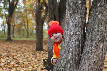 Children are walking in nature. Twilight kids are walking around the park. Brother with sister in autumn city park in leaf fall.