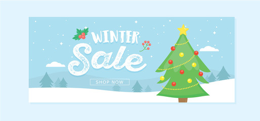 Winter Sale with christmas Tree ,blue background for banner