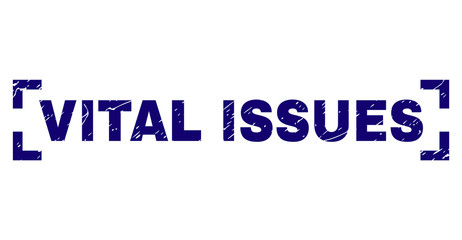 VITAL ISSUES text seal print with distress texture. Text title is placed inside corners. Blue vector rubber print of VITAL ISSUES with corroded texture.