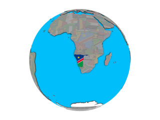 Namibia with embedded national flag on blue political 3D globe. 3D illustration isolated on white background.