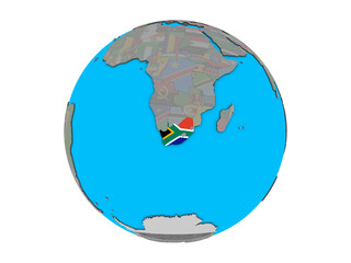 South Africa with embedded national flag on blue political 3D globe. 3D illustration isolated on white background.