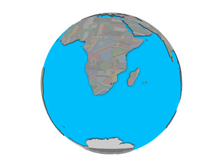 eSwatini with embedded national flag on blue political 3D globe. 3D illustration isolated on white background.
