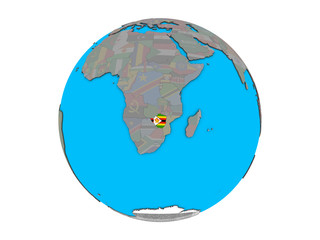 Zimbabwe with embedded national flag on blue political 3D globe. 3D illustration isolated on white background.