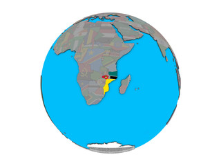 Mozambique with embedded national flag on blue political 3D globe. 3D illustration isolated on white background.