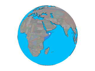 Somalia with embedded national flag on blue political 3D globe. 3D illustration isolated on white background.