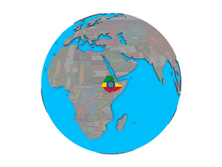 Ethiopia with embedded national flag on blue political 3D globe. 3D illustration isolated on white background.