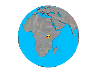 Uganda with embedded national flag on blue political 3D globe. 3D illustration isolated on white background.