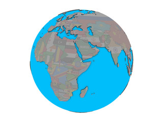 Djibouti with embedded national flag on blue political 3D globe. 3D illustration isolated on white background.