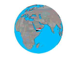 Yemen with embedded national flag on blue political 3D globe. 3D illustration isolated on white background.