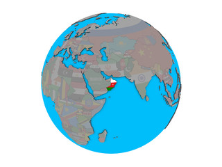 Oman with embedded national flag on blue political 3D globe. 3D illustration isolated on white background.