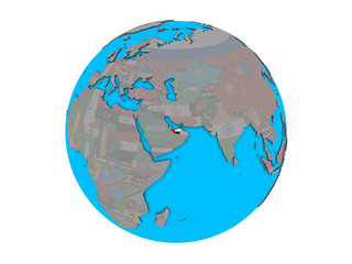 United Arab Emirates with embedded national flag on blue political 3D globe. 3D illustration isolated on white background.
