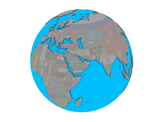 Qatar with embedded national flag on blue political 3D globe. 3D illustration isolated on white background.