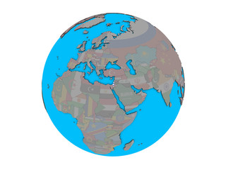 Israel with embedded national flag on blue political 3D globe. 3D illustration isolated on white background.