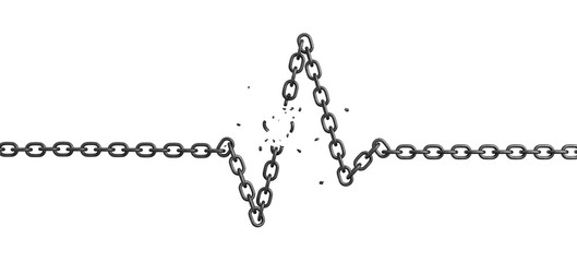 3d rendering of an iron chain lying in a shape of a heart rate with several broken links.