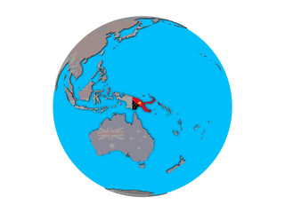 Papua New Guinea with embedded national flag on blue political 3D globe. 3D illustration isolated on white background.