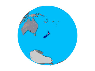 New Zealand with embedded national flag on blue political 3D globe. 3D illustration isolated on white background.