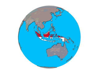 Indonesia with embedded national flag on blue political 3D globe. 3D illustration isolated on white background.