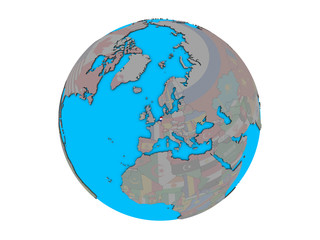 Netherlands with embedded national flag on blue political 3D globe. 3D illustration isolated on white background.