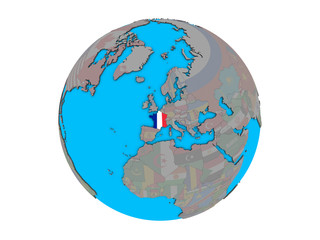 France with embedded national flag on blue political 3D globe. 3D illustration isolated on white background.