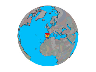 Spain with embedded national flag on blue political 3D globe. 3D illustration isolated on white background.