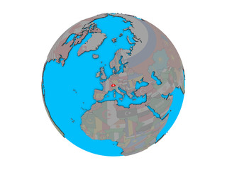 Switzerland with embedded national flag on blue political 3D globe. 3D illustration isolated on white background.