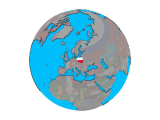 Obraz premium Poland with embedded national flag on blue political 3D globe. 3D illustration isolated on white background.