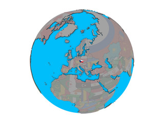 Czech republic with embedded national flag on blue political 3D globe. 3D illustration isolated on white background.