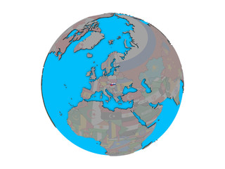 Slovakia with embedded national flag on blue political 3D globe. 3D illustration isolated on white background.