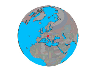 Austria with embedded national flag on blue political 3D globe. 3D illustration isolated on white background.