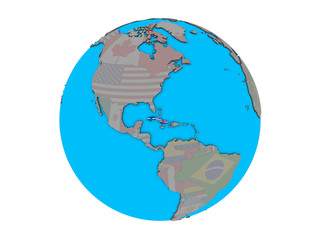 Cuba with embedded national flag on blue political 3D globe. 3D illustration isolated on white background.