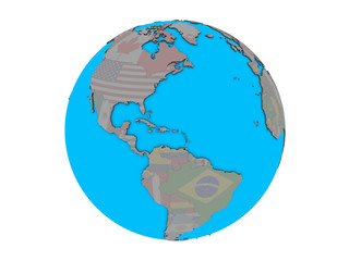 Puerto Rico with embedded national flag on blue political 3D globe. 3D illustration isolated on white background.