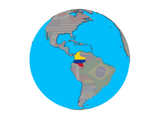 Colombia with embedded national flag on blue political 3D globe. 3D illustration isolated on white background.