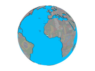 Sierra Leone with embedded national flag on blue political 3D globe. 3D illustration isolated on white background.
