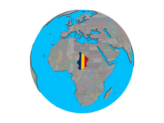Chad with embedded national flag on blue political 3D globe. 3D illustration isolated on white background.