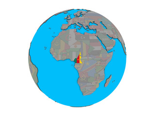 Obraz premium Cameroon with embedded national flag on blue political 3D globe. 3D illustration isolated on white background.