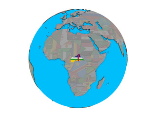 Central Africa with embedded national flag on blue political 3D globe. 3D illustration isolated on white background.