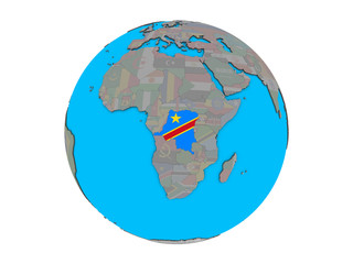 Dem Rep of Congo with embedded national flag on blue political 3D globe. 3D illustration isolated on white background.
