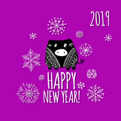 Christmas card with funny pig, symbol of 2019 year for your design