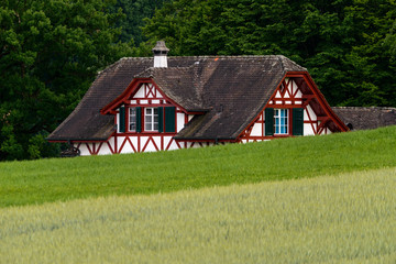 Typical Swiss house showing its roof from behind a hill in canton of Zug, Switzerland